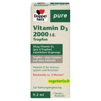 Abbildung der Produktverpackung Doppelherz pure Vitamin D3 2000 I.E. Tropfen Frontansicht